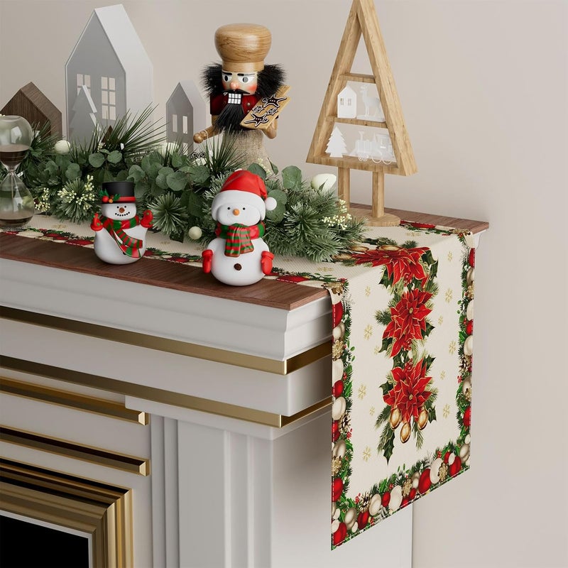 XCHI Christmas Poinsettias Leaves Bells Snowflakes Winter Xmas Table Runner Table Decoration for Home Kitchen Dining Holiday Decor 13x60 Inch - Image 3